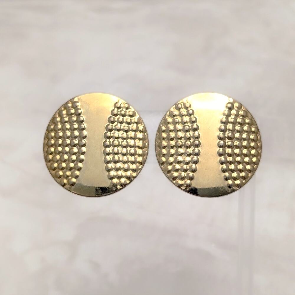 Vintage Clip On Earrings 1.25" Slightly Curved Gold Tone Textured Dotted Pattern